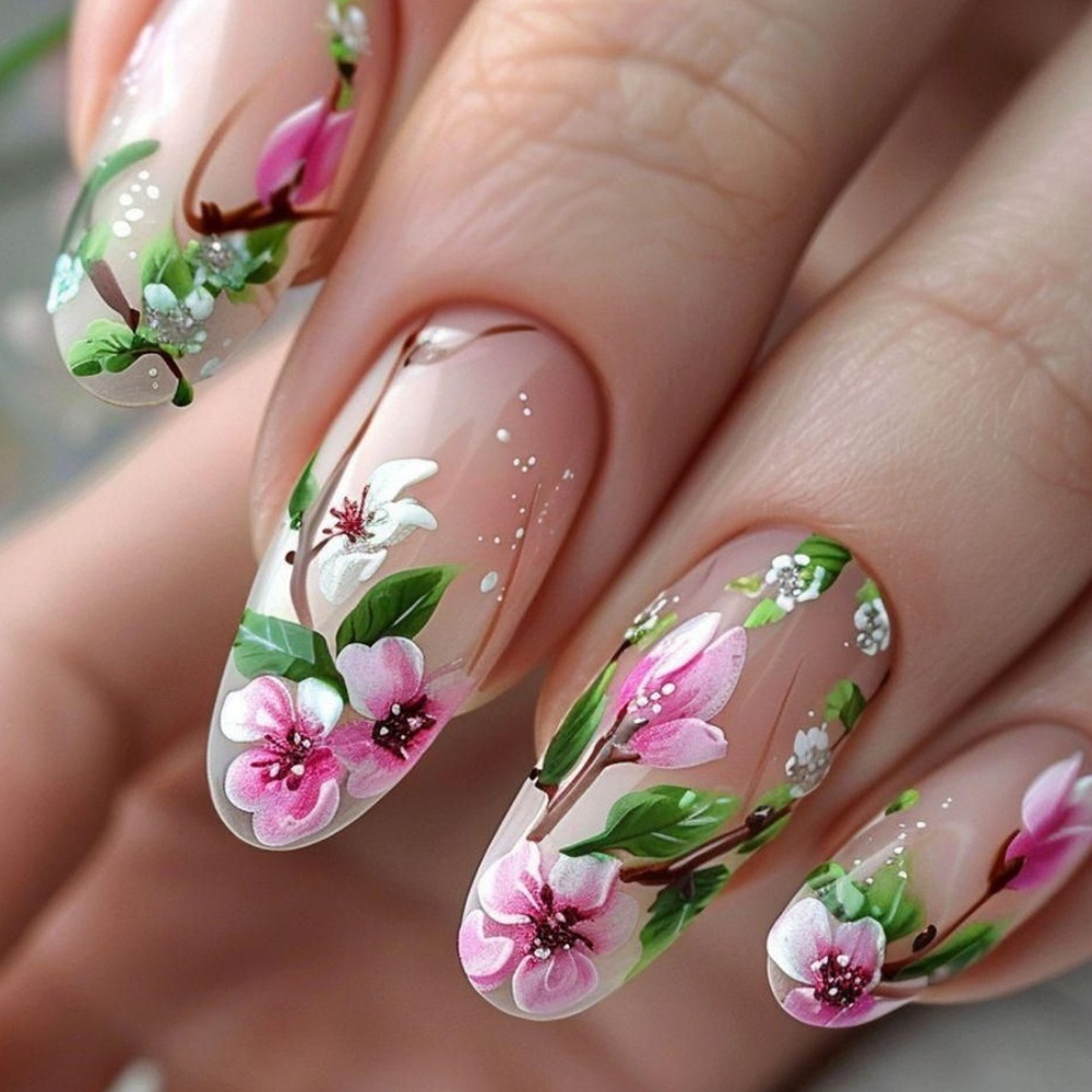 Nail Art Press On - Kuku palsu bunga 3D tekan Almond