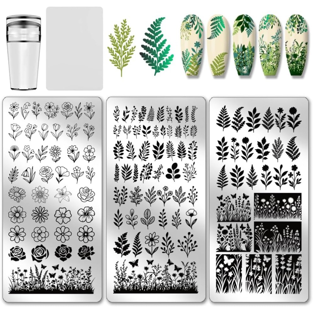 Nail Art Inspo - 3pcs Plat Stamping Kuku Motif Daun