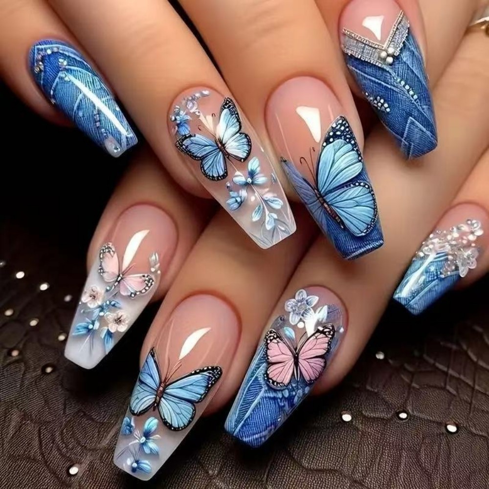 24pcs Kuku Palsu Motif Kupu-ku - Nail Art Denim ulasan dan harga