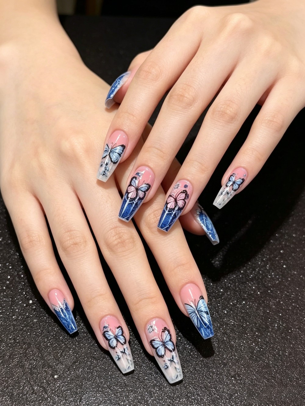 24pcs Kuku Palsu Motif Kupu-ku - Nail Art Denim ulasan dan harga