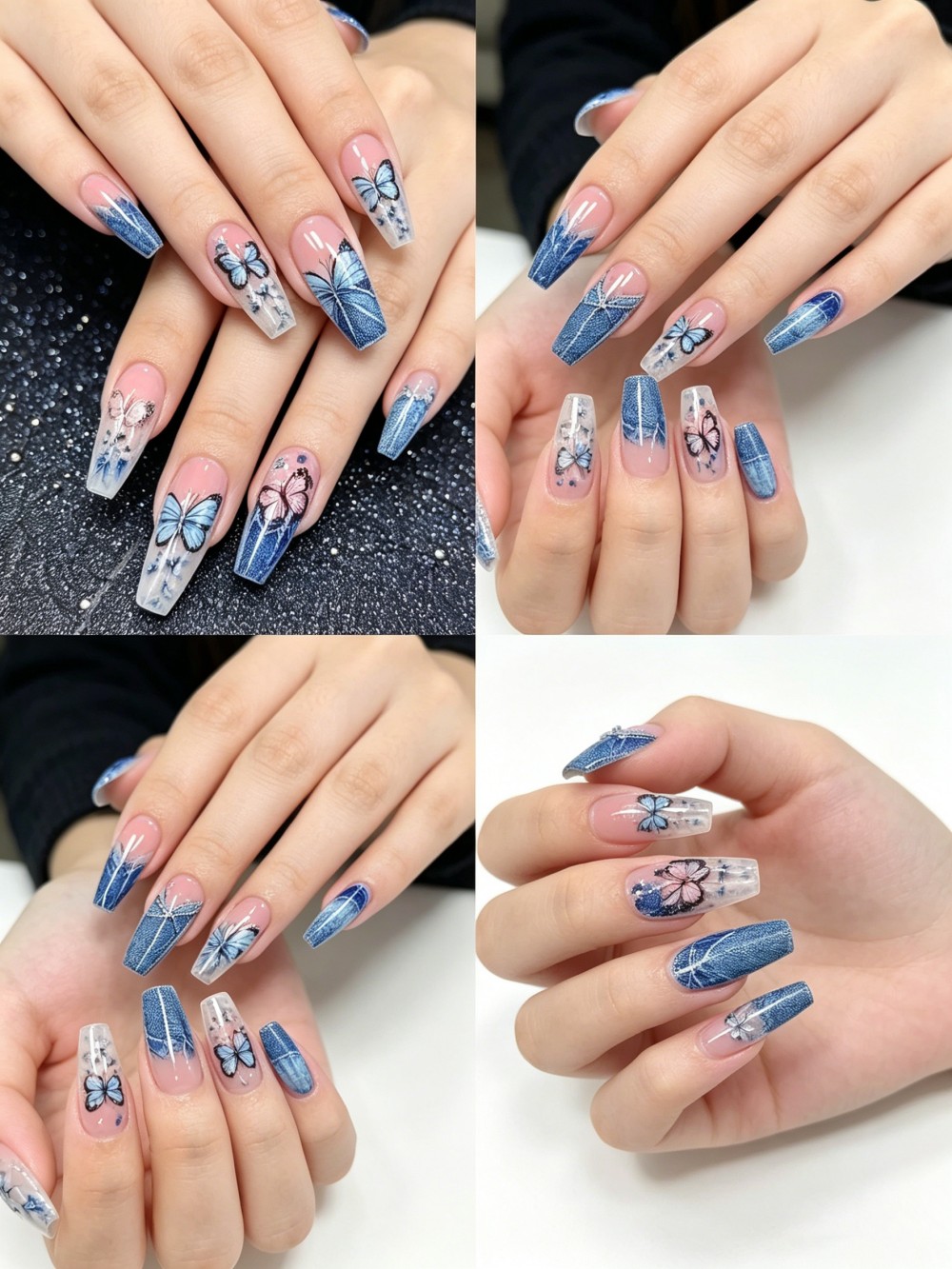 24pcs Kuku Palsu Motif Kupu-ku - Nail Art Denim ulasan dan harga